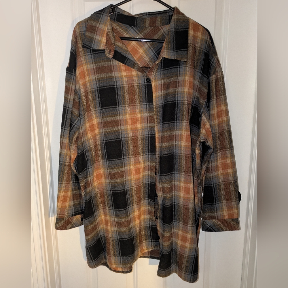 SHEIN Black, Brown & Orange Plaid Button-Up